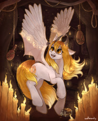 Size: 1732x2128 | Tagged: safe, artist:anotheronetry, derpibooru import, oc, oc:maddy, dragon, pegasus, pony, big eyes, blonde, blonde hair, blonde tail, candle, candlelight, dragon horns, dragon wings, dragoness, feathered wings, female, female oc, fire, golden eyes, horns, mid-transformation, open mouth, solo, spread wings, story included, tail, transformation, white coat, wings
