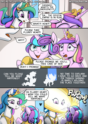 Size: 2171x3070 | Tagged: safe, artist:mysticalpha, derpibooru import, princess cadance, princess celestia, princess flurry heart, alicorn, pony, comic:day in the lives of the royal sisters, g4, baby, baby pony, blast, comic, crown, dialogue, female, filly, flurry heart ruins everything, foal, glowing, glowing horn, high res, horn, jewelry, magic, magic blast, mare, meme, onomatopoeia, regalia, sound effects, speech bubble, teary eyes, trio