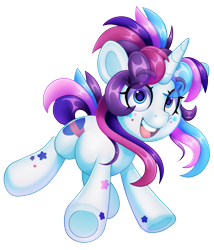 Size: 1631x1904 | Tagged: safe, artist:partypievt, derpibooru import, oc, oc only, oc:party pie, pony, unicorn, body markings, eyebrows, eyebrows visible through hair, eyelashes, facial markings, female, frog (hoof), high res, in air, jumping, looking at you, mare, ponytail, simple background, solo, transparent background, underhoof