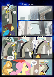 Size: 3259x4607 | Tagged: safe, artist:estories, derpibooru import, discord, fluttershy, oc, oc:alice goldenfeather, draconequus, pegasus, pony, comic:nevermore, ..., question mark