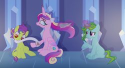 Size: 2200x1200 | Tagged: safe, artist:xnaturalblue, derpibooru import, princess cadance, oc, alicorn, pegasus, pony, undead, unicorn, zombie, zombie pony, apocalypse, bandage, blank flank, blind, blind eye, brushing, brushing mane, crystal empire, fanfic, fanfic art, freckles, horn, injured, looking at someone, magic, messy hair, messy mane, mismatched eyes, pegasus oc, stitches, telekinesis, unicorn oc