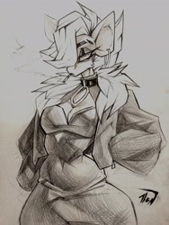 Size: 1536x2048 | Tagged: safe, artist:tlen borowski, derpibooru import, oc, oc only, oc:tlen borowski, anthro, breasts, cigarette, cigarette smoke, cleavage, clothes, collar, collar ring, dress, ear piercing, hair over one eye, hands in pocket, jacket, notched eyebrow, piercing, smoking, solo