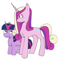 Size: 955x955 | Tagged: safe, artist:emptygoldstudio, derpibooru import, princess cadance, twilight sparkle, unicorn twilight, pony, unicorn, g4, alternate universe, concave belly, duo, female, frown, furrowed brow, height difference, mare, physique difference, quadrupedal, race swap, simple background, slim, standing, thin, transparent background, unicorn cadance