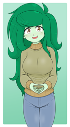 Size: 1761x3190 | Tagged: safe, artist:batipin, derpibooru import, wallflower blush, human, equestria girls, equestria girls series, g4, 2d, breasts, busty wallflower blush, clothes, female, gradient background, green background, high res, looking at you, nervous, nervous smile, open mouth, pants, pocket, simple background, smiling, solo, sweater, wavy mouth