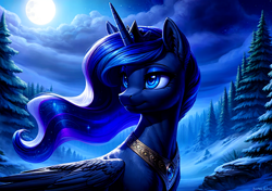 Size: 1088x768 | Tagged: safe, ai content, derpibooru import, generator:easyfluff v11.2, generator:stable diffusion, machine learning generated, princess luna, alicorn, pony, g4, female, forest, head turn, looking to side, looking to the left, mare, moon, nature, night, outdoors, snow, solo, tree