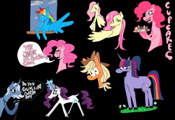 Size: 2548x1740 | Tagged: safe, artist:corywoz001, derpibooru import, applejack, fluttershy, pinkie pie, rainbow dash, rarity, trixie, twilight sparkle, earth pony, pegasus, pony, unicorn, g4, black background, cupcake, dialogue, faic, food, glowing, glowing horn, horn, mane six, mp3 player, simple background, speech bubble, vulgar