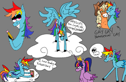 Size: 1224x796 | Tagged: safe, artist:corywoz001, derpibooru import, applejack, rainbow dash, twilight sparkle, twilight sparkle (alicorn), alicorn, earth pony, pegasus, pony, g4, appledash, autism creature, cloud, crown, dialogue, diary, female, gray background, grin, jewelry, lesbian, lidded eyes, looking down, mare, pencil, reading, regalia, shipping, simple background, smiling, speech bubble, thought bubble