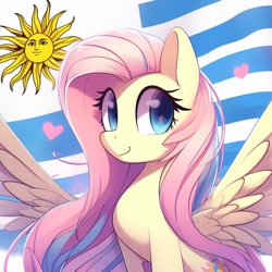 Size: 1024x1024 | Tagged: safe, ai content, derpibooru import, generator:bing image creator, machine learning generated, fluttershy, pegasus, g4, country, flag, heart, pink hair, solo, uruguay