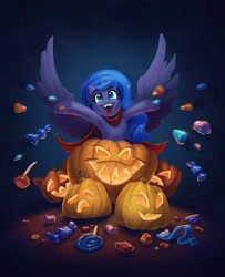 Size: 3062x3778 | Tagged: safe, artist:amishy, derpibooru import, princess luna, alicorn, pony, g4, candy, clothes, costume, female, food, gradient background, halloween, halloween costume, holiday, jack-o-lantern, mare, open mouth, open smile, print, pumpkin, smiling, solo, spread hooves, spread wings, vampire costume, wings