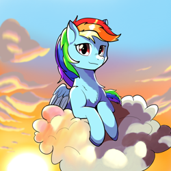 Size: 2048x2048 | Tagged: safe, artist:maonyman, derpibooru import, rainbow dash, pegasus, pony, g4, chest fluff, cloud, colored hooves, colored wings, female, looking at you, mare, solo, sunset, two toned wings, wings