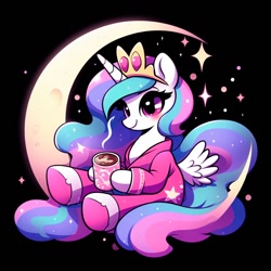 Size: 1024x1024 | Tagged: safe, ai content, derpibooru import, generator:bing image creator, machine learning generated, princess celestia, g4, blushing, chocolate, clothes, food, hot chocolate, pajamas, smiling