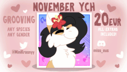 Size: 1920x1080 | Tagged: safe, artist:euspuche, derpibooru import, oc, oc:liliya krasnyy, animated, bobblehead, commission, discord (program), eyes closed, flower, flower in hair, gif, groovy, november, smiling, text, ych result, your character here