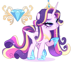 Size: 2232x1940 | Tagged: safe, artist:gihhbloonde, derpibooru import, oc, oc only, alicorn, pony, alicorn oc, closed mouth, colored wings, colored wingtips, eyebrows, eyeshadow, female, folded wings, gradient mane, gradient tail, hoof shoes, horn, jewelry, lidded eyes, lightly watermarked, long tail, magical lesbian spawn, makeup, mare, offspring, parent:princess cadance, parent:rarity, parents:raridance, peytral, princess shoes, raised eyebrow, raised hoof, raised leg, simple background, smiling, solo, sparkly mane, sparkly tail, tail, tiara, transparent background, unnamed oc, watermark, wings