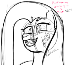 Size: 3500x3000 | Tagged: safe, artist:zestymf, derpibooru import, pinkie pie, pony, g4, animatronic, animatronic pinkie, black and white, bloodshot eyes, crossover, endoskeleton, five nights at freddy's, grayscale, gritted teeth, looking at you, monochrome, pinkamena diane pie, signature, simple background, sketch, sketch dump, teeth, torn ear, white background, wip, wires