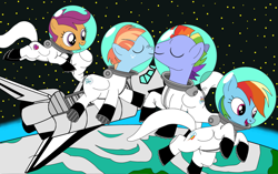 Size: 1280x804 | Tagged: safe, artist:joko-zuno, derpibooru import, bow hothoof, rainbow dash, scootaloo, windy whistles, earth pony, pegasus, pony, g4, adopted offspring, clothes, cutie mark on clothes, earth, family, father and child, father and daughter, female, male, mother and child, mother and daughter, nuzzling, open mouth, orbit, parent and child, scootadoption, shipping, siblings, sisters, space, space helmet, space shuttle, spacesuit, stars, straight, windyhoof