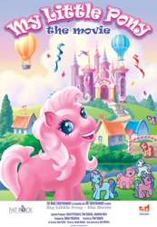 Size: 414x599 | Tagged: safe, derpibooru import, minty, pinkie pie (g3), rainbow dash (g3), sparkleworks, earth pony, pony, g3, celebration castle, confetti, eyebrows, hot air balloon, looking at you, lost media, movie poster, my little pony: the movie (g3), ponyville, poster, smiling, streamers, teeth