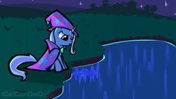 Size: 640x360 | Tagged: safe, artist:icatconowo, derpibooru import, trixie, pony, unicorn, g4, lake, reflection, sad, water