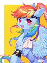 Size: 1500x2000 | Tagged: safe, artist:leafywind, derpibooru import, rainbow dash, pegasus, pony, g4, alternate hairstyle, backwards cutie mark, chest fluff, cute, dashabetes, fangs, female, headband, looking at you, mare, open mouth, open smile, ponytail, smiling, smiling at you, solo, sweatband, towel, wings