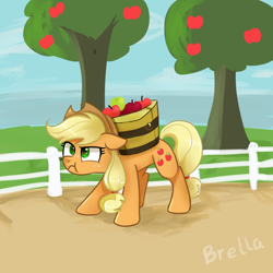 Size: 3000x3000 | Tagged: safe, artist:brella, derpibooru import, applejack, earth pony, pony, g4, :t, angry, apple, apple basket, apple tree, applejack is not amused, applejack's hat, basket, clothes, cowboy hat, cute, female, fence, food, freckles, hat, high res, jackabetes, madorable, mare, outdoors, signature, solo, tree, unamused