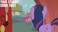 Size: 2000x1123 | Tagged: safe, derpibooru import, edit, edited screencap, editor:quoterific, screencap, pinkie pie, twilight sparkle, g4, party of one, butt, golden oaks library, plot, twibutt