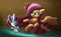 Size: 4407x2700 | Tagged: safe, alternate version, artist:auroriia, derpibooru import, angel bunny, fluttershy, pegasus, pony, rabbit, g4, animal, cute, dancing, duo, duo male and female, eyebrows, eyes closed, female, flying, happy, high res, looking at someone, male, mare, open mouth, open smile, shyabetes, smiling, splashing, spread wings, water, wings
