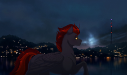 Size: 2530x1500 | Tagged: safe, artist:silverwolf866, derpibooru import, oc, oc only, alicorn, pony, alicorn oc, city, cityscape, commission, horn, night, solo, wings, ych result