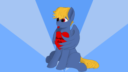 Size: 1920x1080 | Tagged: safe, artist:puginpocket, derpibooru import, oc, oc only, oc:cobalt thunder, pegasus, pony, blue coat, heart, looking at someone, male, sitting, solo, stallion, tail, wing hold, wings, yellow mane, yellow tail