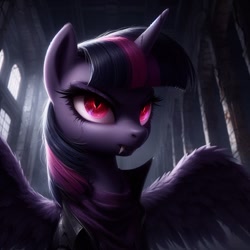 Size: 1024x1024 | Tagged: safe, ai content, derpibooru import, machine learning generated, twilight sparkle, twilight sparkle (alicorn), alicorn, pony, undead, unicorn, vampire, vampony, g4, day, eyes open, fangs, female, light, serious, serious face, solo, spread wings, wings