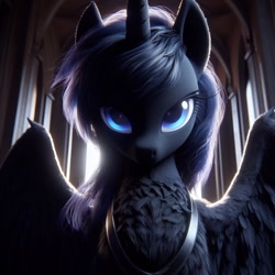 Size: 1024x1024 | Tagged: safe, ai content, derpibooru import, machine learning generated, princess luna, alicorn, g4, beautiful, blue eyes, blue mane, close-up, closed mouth, day, ears up, eyes open, female, fur, light, looking at you, realistic, solo, spread wings, wings