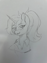 Size: 1620x2160 | Tagged: safe, artist:chickenbrony, derpibooru import, oc, oc only, oc:evening lake, pony, unicorn, clothes, cute, female, gift art, horn, jacket, ponytail, sketch, solo, traditional art, unicorn oc