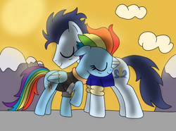 Size: 966x720 | Tagged: safe, artist:dasher666, artist:dragonpriness, derpibooru import, edit, rainbow dash, soarin', pegasus, pony, g4, the last problem, bomber jacket, clothes, female, jacket, male, mare, older, older rainbow dash, older soarin', older soarindash, shipping, soarindash, stallion, straight