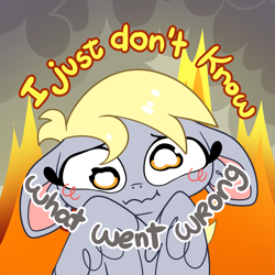 Size: 3319x3319 | Tagged: safe, artist:cutepencilcase, derpibooru import, derpy hooves, pegasus, pony, g4, caption, distressed, ears, fire, floppy ears, i just don't know what went wrong, solo, text, wavy mouth