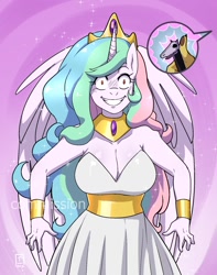 Size: 900x1140 | Tagged: safe, artist:traupa, derpibooru import, idw, princess celestia, anthro, accord (arc), g4, anime style, breasts, cleavage, clothes, evil grin, grin, jewelry, looking at you, princess breastia, regalia, smiling, snaplestia