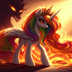 Size: 4096x4096 | Tagged: safe, ai content, derpibooru import, machine learning generated, daybreaker, princess celestia, alicorn, demon, g4, alternate cutie mark, crown, day, fire, jewelry, light, looking at you, orange, orange eyes, orange mane, regalia, serious, spread wings, wings