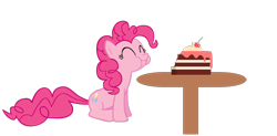 Size: 1350x662 | Tagged: safe, artist:williamsvenancio, derpibooru import, pinkie pie, earth pony, g4, cake, dessert, eating, eyes closed, female, food, simple background, smiling, solo, strawberry cake, table, transparent background