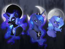 Size: 1979x1500 | Tagged: safe, artist:sapphireleaf48, derpibooru import, nightmare moon, princess luna, alicorn, pony, g4, blue eyes, blue mane, bust, colored pupils, crescent moon, crown, crying, digital art, ethereal mane, eyeshadow, fangs, female, flowing mane, gray background, helmet, high res, horn, jewelry, makeup, mare, moon, moonlight, open mouth, peytral, portrait, redraw, regalia, sad, signature, simple background, solo, starry mane, stars, teary eyes, teeth