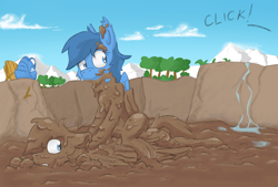 Size: 9230x6225 | Tagged: safe, artist:pzkratzer, derpibooru import, oc, oc only, oc:night cloud, oc:ponygriff, hippogriff, hybrid, sphinx, backpack, covered in mud, cute, dirty, duo, female, hippogriff oc, husband and wife, male, married couple, mountain, mud, mud bath, muddy, outdoors, playing, ponygriff, puddle, shipping, sitting on person, sitting on pony, sphinx oc