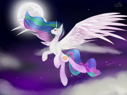 Size: 1600x1200 | Tagged: safe, artist:colourboom, derpibooru import, princess celestia, alicorn, pony, g4, cloud, digital art, ethereal mane, ethereal tail, feather, flowing mane, flowing tail, flying, horn, large wings, lidded eyes, lonely, moon, moonlight, night, pink eyes, signature, solo, spread wings, starry mane, starry tail, stars, tail, wings