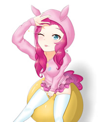 Size: 958x1200 | Tagged: safe, artist:lyc69371799, artist:zoxriver503, derpibooru import, pinkie pie, equestria girls, g4, ball, clothes, hoodie, shirt, simple background, skirt, socks, solo, white background