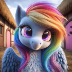 Size: 1024x1024 | Tagged: safe, ai content, machine learning generated, rainbow dash, pegasus, pony, bing, daaaaaaaaaaaw, female, fluffy, mare, ponyville, solo