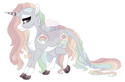 Size: 4100x2700 | Tagged: safe, artist:gigason, derpibooru import, oc, oc only, oc:blanket stitch, pony, unicorn, blaze (coat marking), brown eyes, cloven hooves, coat markings, colored hooves, facial markings, female, gradient hooves, hoof polish, horn, leonine tail, lidded eyes, mare, mealy mouth (coat marking), multicolored hair, obtrusive watermark, pale belly, patch, rainbow hair, raised hoof, raised leg, simple background, smiling, socks (coat marking), solo, standing, stitches, striped horn, tail, transparent background, unicorn oc, watermark