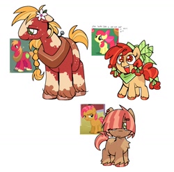 Size: 1500x1479 | Tagged: safe, artist:spacescoob8, derpibooru import, apple bloom, babs seed, big macintosh, earth pony, pony, g4, alternate design, bow, braid, coat markings, colored hooves, ear piercing, earring, female, filly, flower, flower in hair, foal, freckles, gender headcanon, hair bow, hat, jewelry, neckerchief, piercing, redesign, simple background, tail, tail bow, text, trans female, transgender, white background