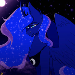 Size: 1024x1024 | Tagged: safe, artist:starsparklechaser, derpibooru import, princess luna, alicorn, pony, g4, blue background, blue eyes, blue mane, chest fluff, concave belly, crown, curved horn, cute, digital art, ear fluff, ears, ethereal mane, eyelashes, eyeshadow, feather, female, flowing mane, glowing, happy, horn, jewelry, lidded eyes, makeup, mare, moon, moonlight, night, peytral, redraw, regalia, signature, simple background, smiling, solo, sparkles, spread wings, starry mane, stars, wings