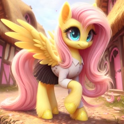 Size: 1024x1024 | Tagged: safe, ai content, machine learning generated, fluttershy, pegasus, pony, bing, clothed ponies, clothes, ear fluff, ears, female, hoof polish, leg fluff, mare, pleated skirt, ponyville, shirt, skirt, smiling, solo, unshorn fetlocks