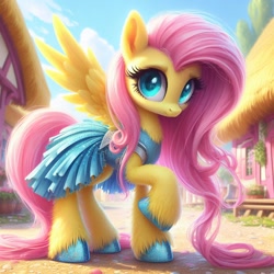 Size: 1024x1024 | Tagged: safe, ai content, machine learning generated, fluttershy, pegasus, pony, bing, clothes, dress, female, fluffy, hoof polish, leg fluff, looking at you, mare, neck fluff, ponyville, solo, unshorn fetlocks