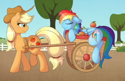 Size: 5100x3300 | Tagged: safe, artist:ratofdrawn, derpibooru import, applejack, rainbow dash, earth pony, pegasus, pony, g4, absurd resolution, apple, appledash, applejack's hat, cart, clothes, cowboy hat, duo, duo female, eyes closed, female, folded wings, food, freckles, harness, hat, lesbian, looking at someone, mare, outdoors, shipping, sky, sleeping, smiling, tree, wings