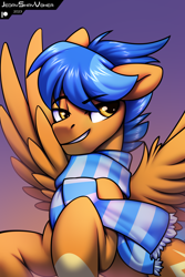 Size: 2000x3000 | Tagged: safe, artist:jedayskayvoker, derpibooru import, oc, oc only, oc:lightning rider, pegasus, pony, bust, clothes, cute, gradient background, icon, looking back, male, patreon, patreon reward, pegasus oc, portrait, scarf, smiling, solo, spread wings, stallion, striped scarf, wing fluff, wings