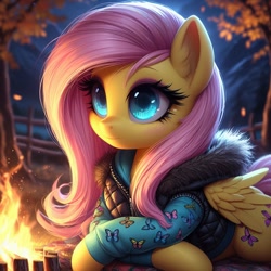 Size: 1024x1024 | Tagged: safe, ai content, derpibooru import, generator:dall-e 3, machine learning generated, twibooru import, fluttershy, pegasus, pony, g4, autumn, bing, blanket, blurry background, campfire, camping, clothed ponies, clothes, crossed hooves, cutie mark on clothes, ear fluff, ears, female, fence, fire, fireplace, fur collar, leaves, lying down, mare, night, outdoors, prompter needed, prone, solo, tree, vest