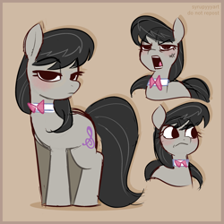 Size: 2500x2500 | Tagged: safe, artist:syrupyyy, derpibooru import, octavia melody, earth pony, pony, g4, blushing, bowtie, cross-popping veins, emanata, eye clipping through hair, eyebrows, eyebrows visible through hair, female, frown, high res, lidded eyes, looking at you, mare, no catchlights, octavia is not amused, open mouth, solo, unamused