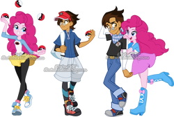 Size: 900x609 | Tagged: safe, artist:sakuyamon, derpibooru import, pinkie pie, oc, oc:copper plume, human, equestria girls, g4, canon x oc, clothes, commission, converse, copperpie, cosplay, costume, deviantart watermark, female, male, obtrusive watermark, shipping, shoes, simple background, skirt, straight, transparent background, watermark